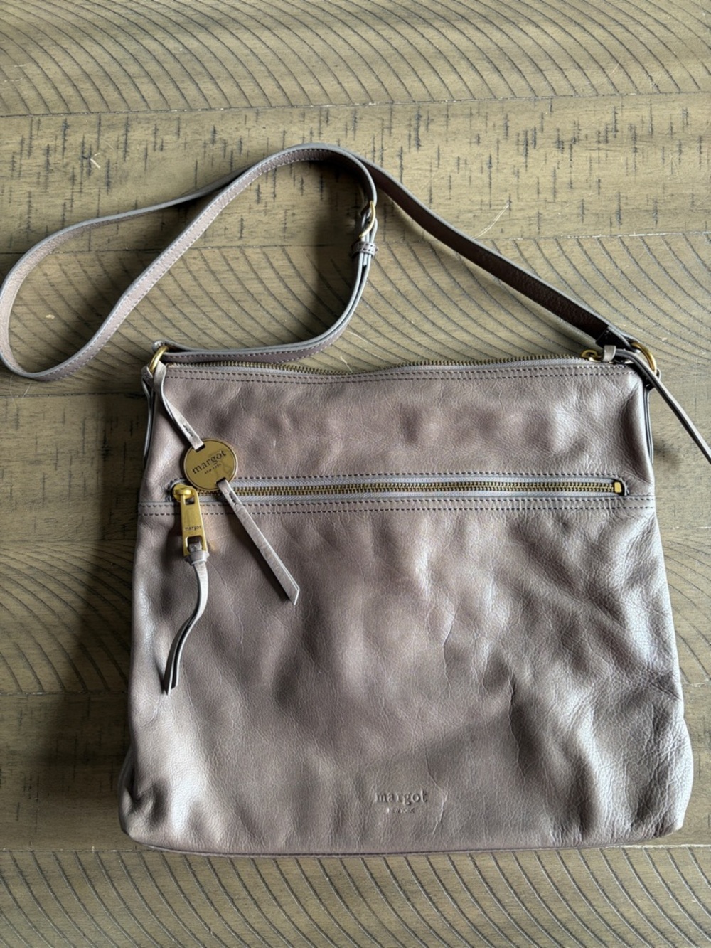 margot Taupe Leather Crossbody with Front Zip Pocket